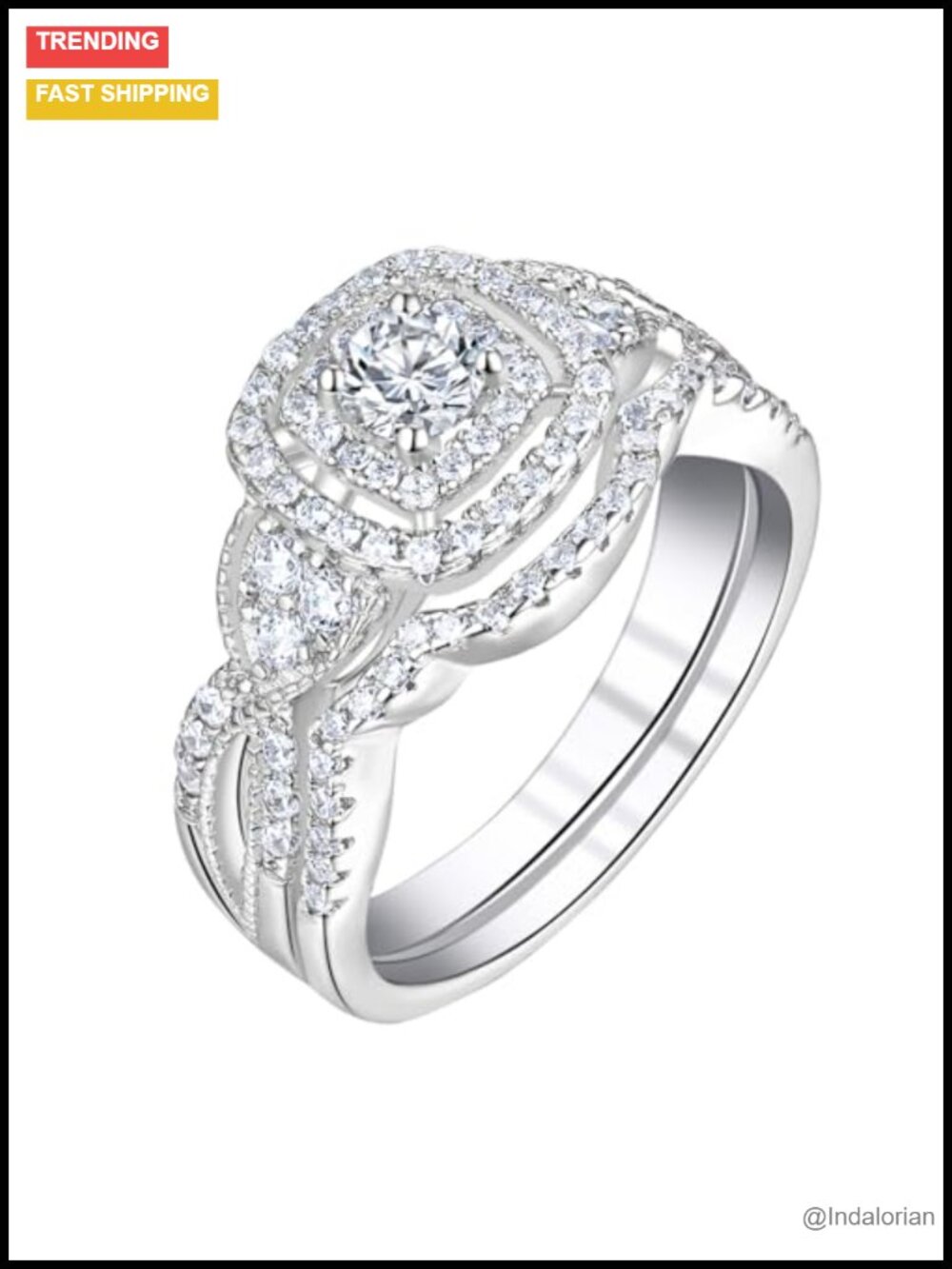 Halo Wedding Ring Set White Gold Silver Plated Cubic Zirconia Bridal Rings